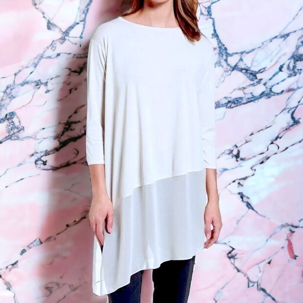 $298 NWT Eileen Fisher Stretch 100% Silk Tunic Petite Small 6P 8P Bone 3/4 Sleev